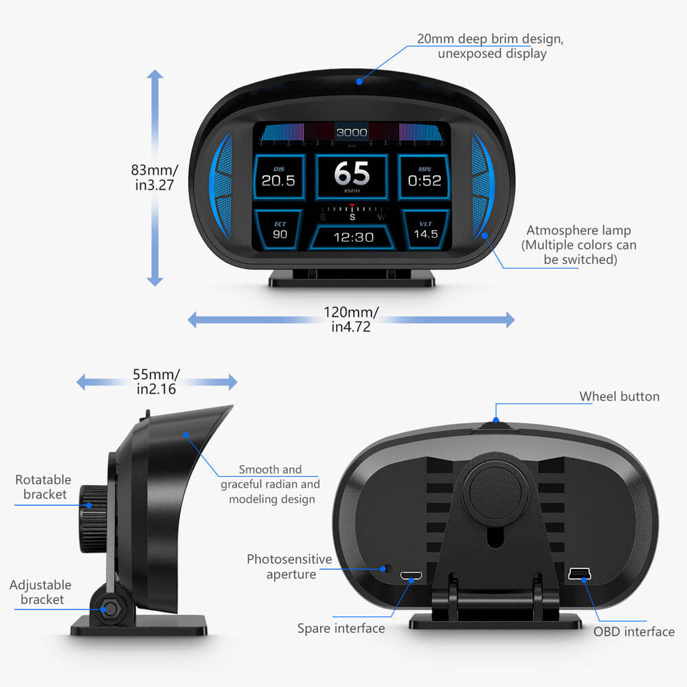 BELOAUTO 3.5" Universal Car HUD - OBD2+GPS+Slope Meter, Speed Alarm | Commercial Grade