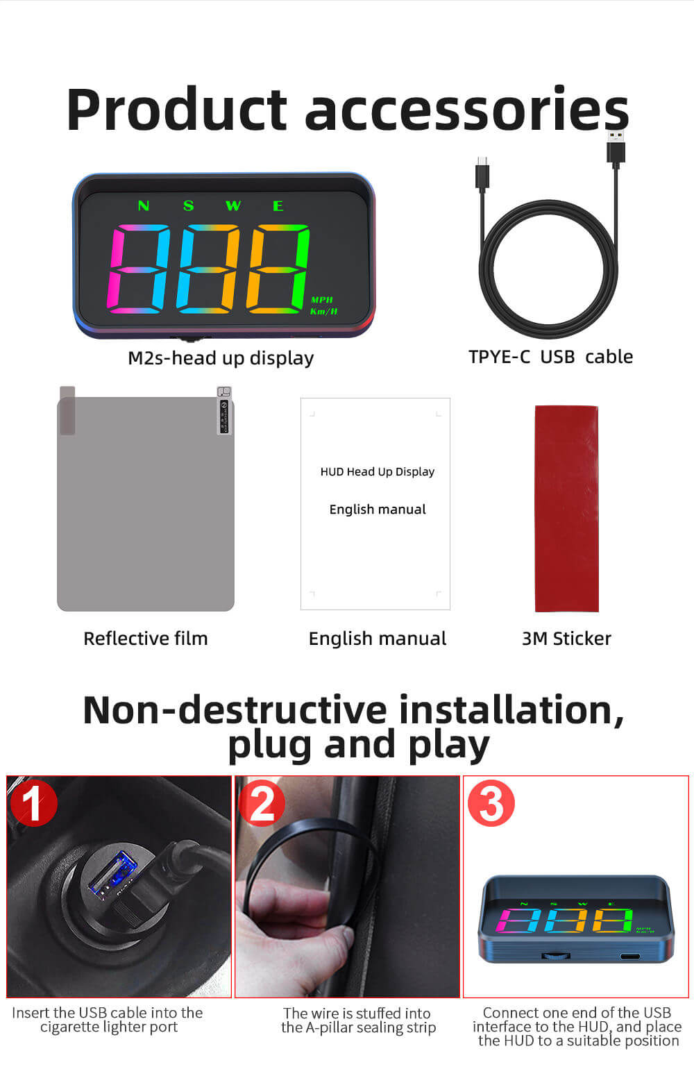BELOAUTO USB Plug & Play Multi-Color HUD Projector - GPS+Beidou Dual Data, Speed Error Calibration | B2B Wholesale