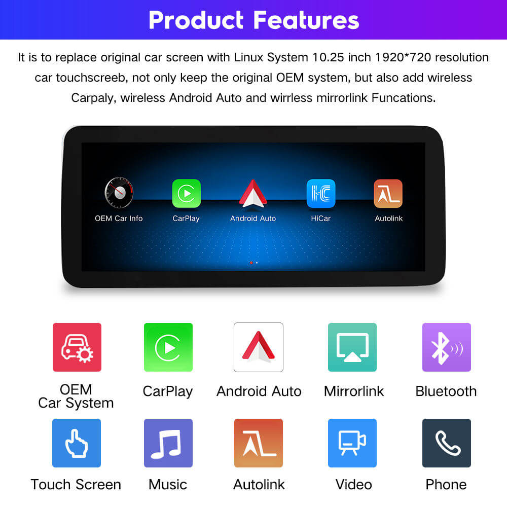 BELOAUTO Mercedes NTG5.0 10.25" Linux Radio Screen - Wireless CarPlay/AA for C/GLC/V-Class 2015-2018