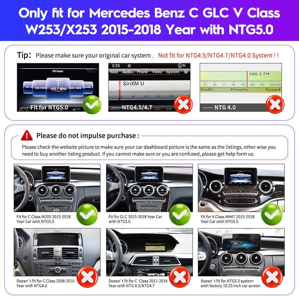 BELOAUTO Mercedes NTG5.0 10.25" Linux Radio Screen - Wireless CarPlay/AA for C/GLC/V-Class 2015-2018