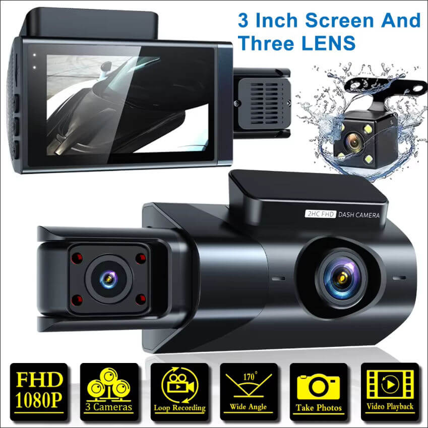 BELOAUTO 3" Triple Lens Dash Cam with WiFi | Loop Recording | Front/Rear/Interior | Fleet Management Solution