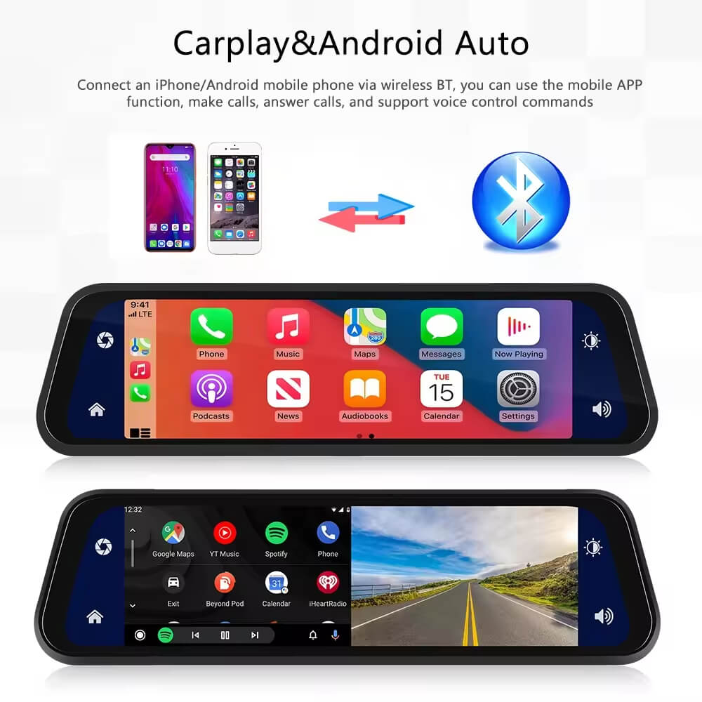BELOAUTO 9.66" Mirror Dash Cam/ Wireless CarPlay & Android Auto - Dual Recording, Loop Recording