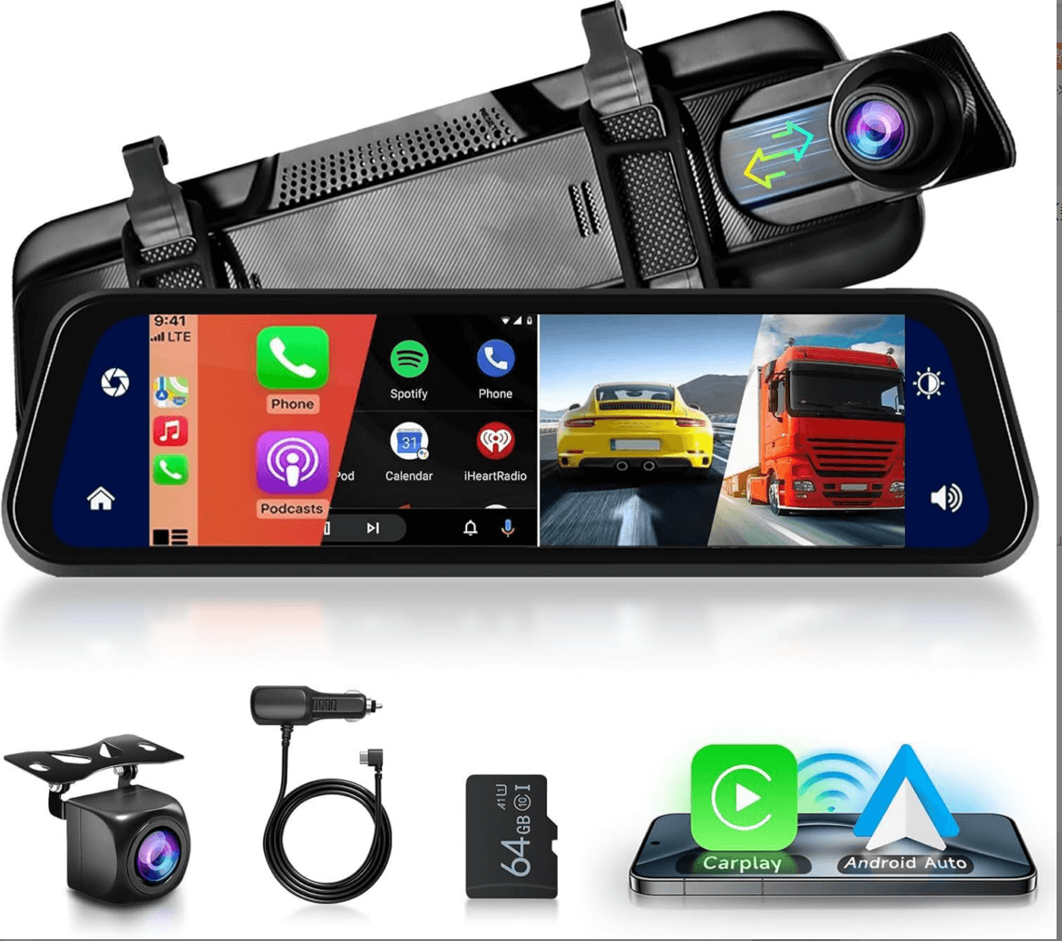BELOAUTO 9.66" Mirror Dash Cam/ Wireless CarPlay & Android Auto - Dual Recording, Loop Recording