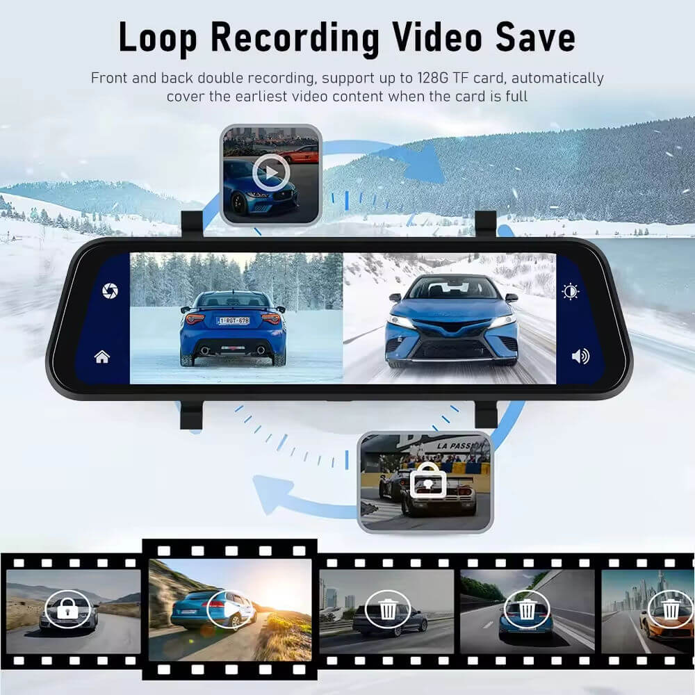 BELOAUTO 9.66" Mirror Dash Cam/ Wireless CarPlay & Android Auto - Dual Recording, Loop Recording