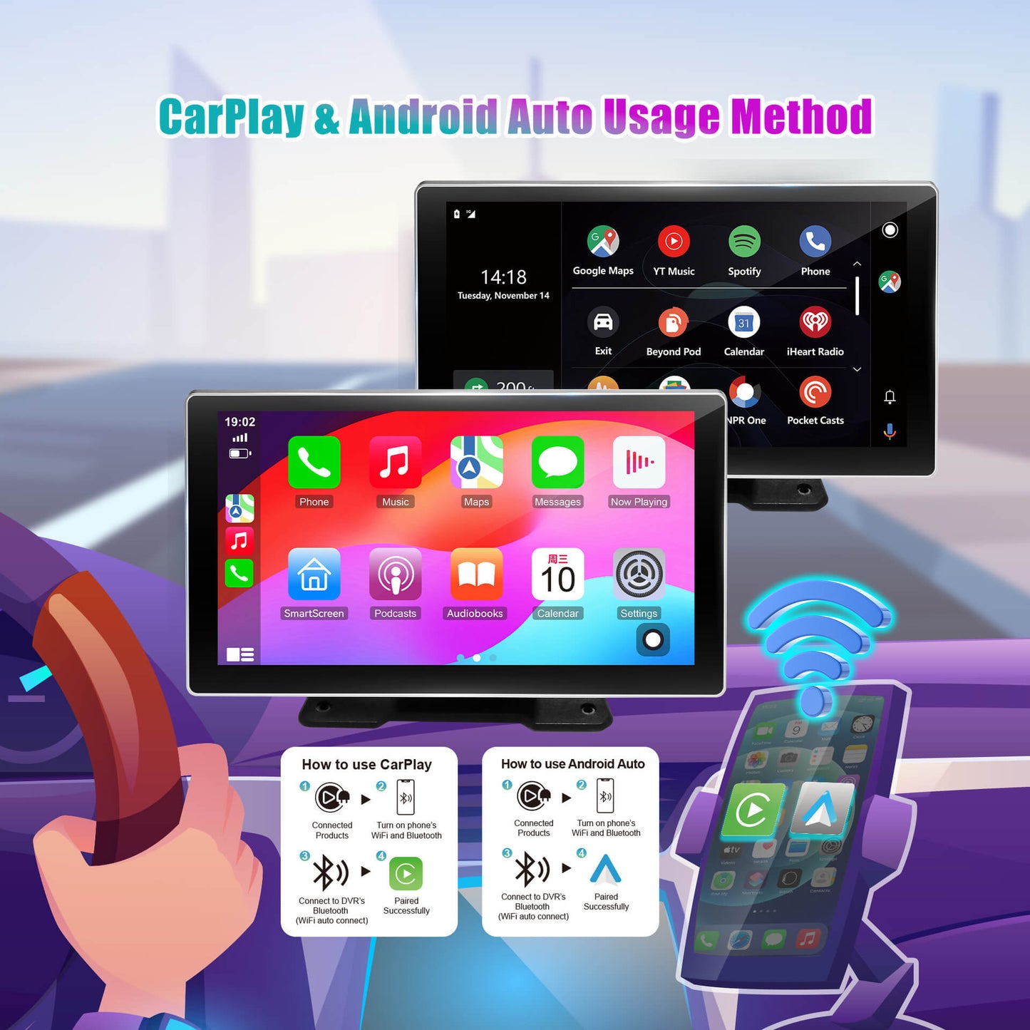 BELOAUTO 9" 2K Smart DVR Display - Dual Recording, Wireless CarPlay/AA & Reverse Camera in One Unit