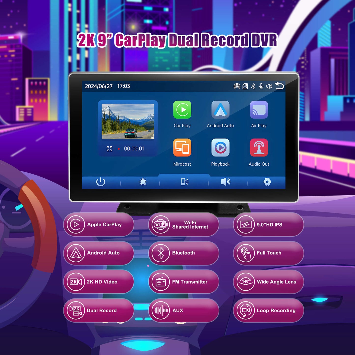 BELOAUTO 9" 2K Smart DVR Display - Dual Recording, Wireless CarPlay/AA & Reverse Camera in One Unit