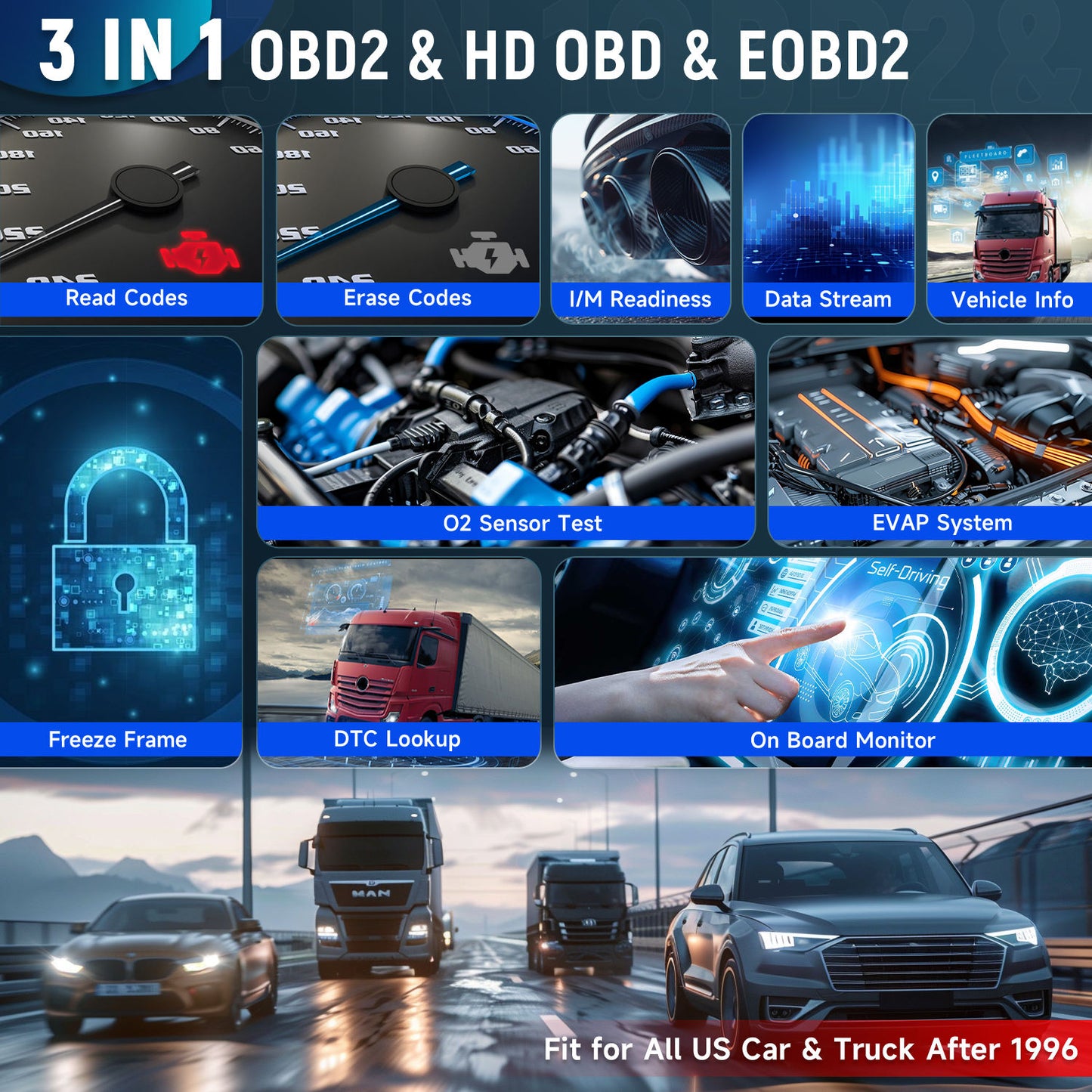 BELOAUTO CRP129HD Truck Full System OBD2 Diagnostic Scanner Tool - Auto VIN Scan, 3IN1 0BD2 & HD OBD & EOBD2 | Bulk Wholesale