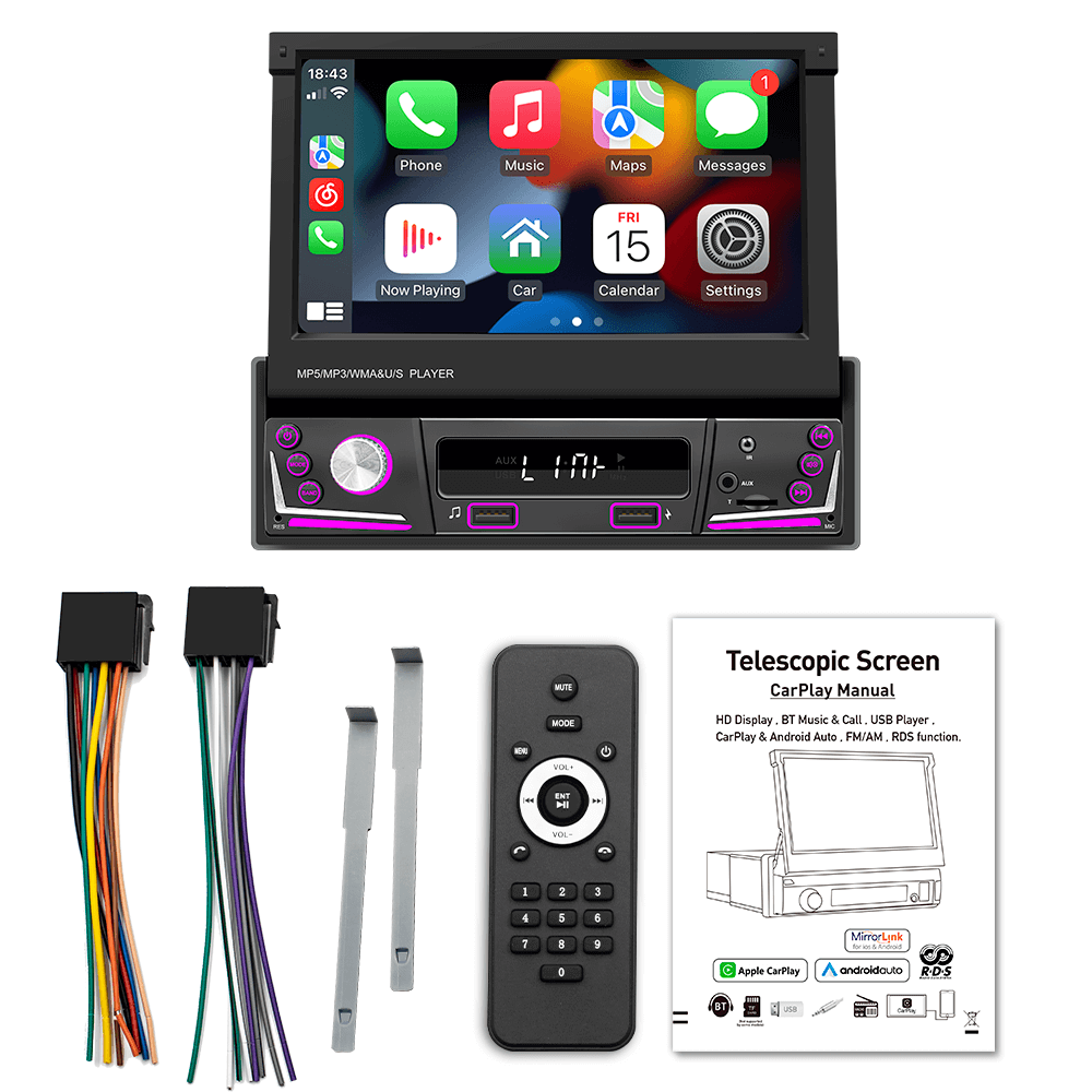 BELOAUTO 7" Single DIN Car Mp5 Player - Retractable Screen, Wireless CarPlay, Navigation GPS