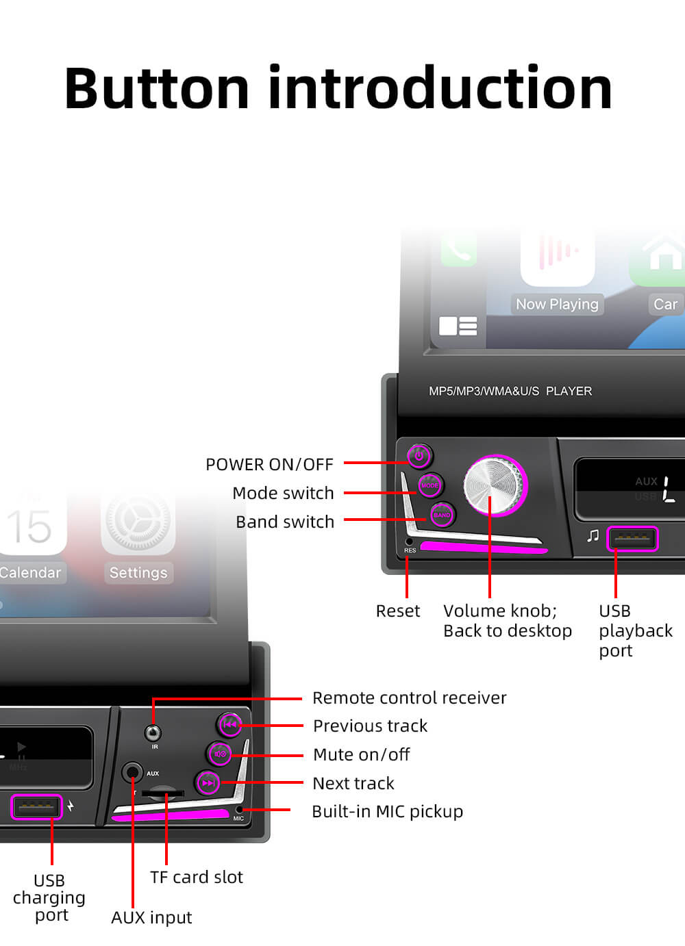 BELOAUTO 7" Single DIN Car Mp5 Player - Retractable Screen, Wireless CarPlay, Navigation GPS