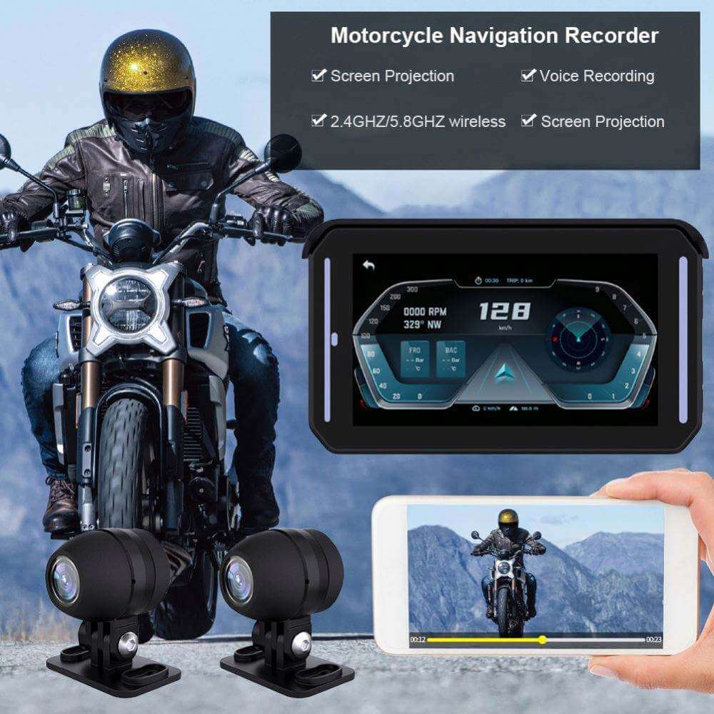 BELOAUTO 5" Motorcycle CarPlay Screen/ Dash Cam - Waterproof, Vibration-Proof & Wireless