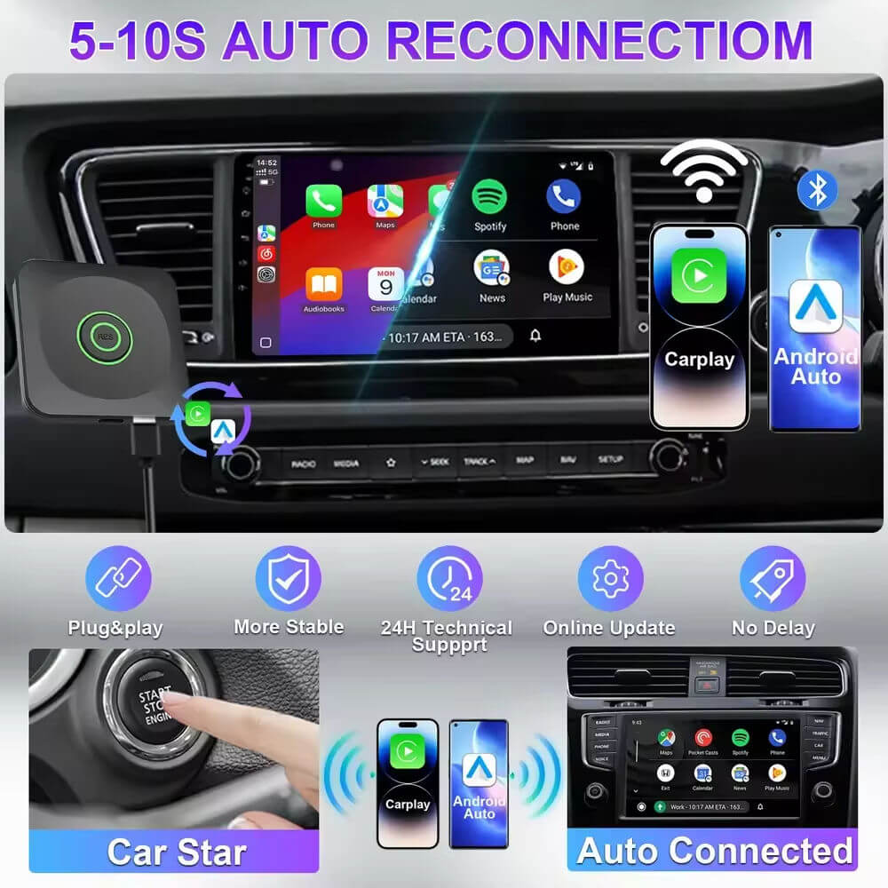 BELOAUTO 3-in-1 Wireless CarPlay AI Box - Android Auto/Android 13 Switchable, Plug & Play | OEM Custom