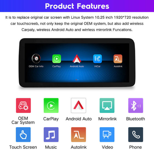 BELOAUTO Mercedes NTG5.0 10.25" Linux Radio Screen - Wireless CarPlay/AA for C/GLC/V-Class 2015-2018