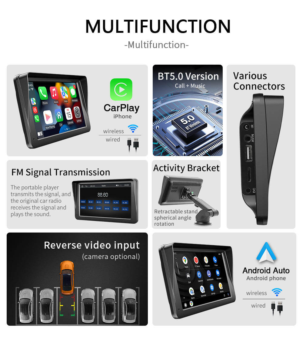 BELOAUTO 7" Portable Car Display - Wireless CarPlay/AA, FM Radio & Rear Camera Input for Any Car