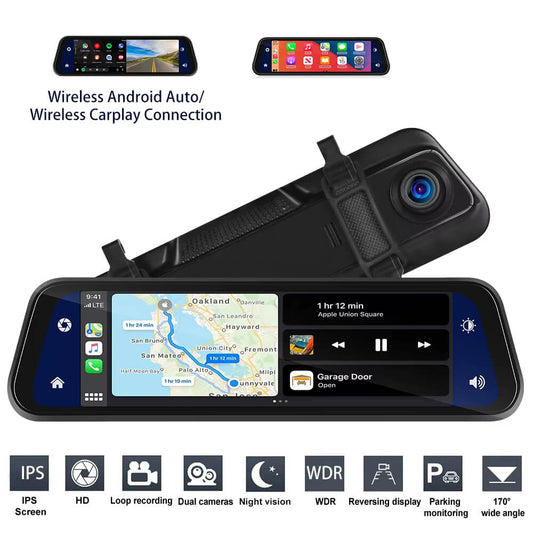 BELOAUTO 9.66" Mirror Dash Cam/ Wireless CarPlay & Android Auto - Dual Recording, Loop Recording