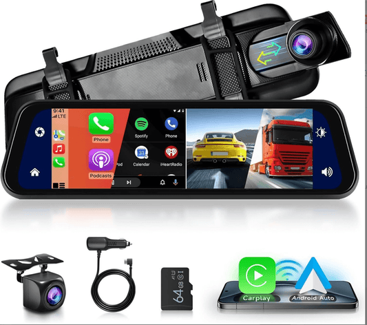BELOAUTO 9.66" Mirror Dash Cam/ Wireless CarPlay & Android Auto - Dual Recording, Loop Recording