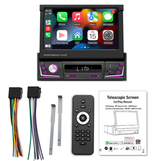 BELOAUTO 7" Single DIN Car Mp5 Player - Retractable Screen, Wireless CarPlay, Navigation GPS