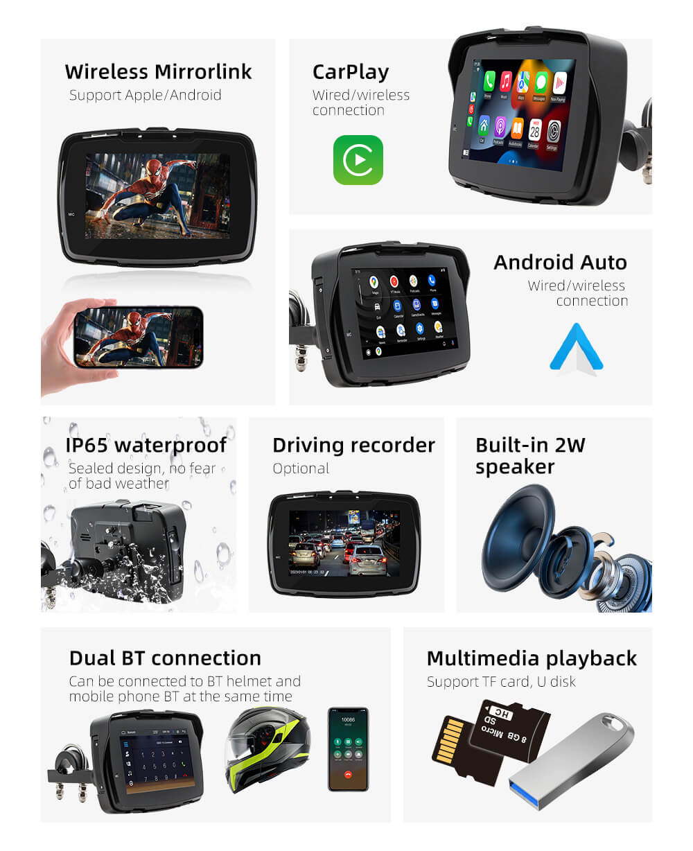 BELOAUTO 5" IP65 Waterproof Motorcycle CarPlay Display - Dual Bluetooth, Anti-Glare |B2B Wholesale